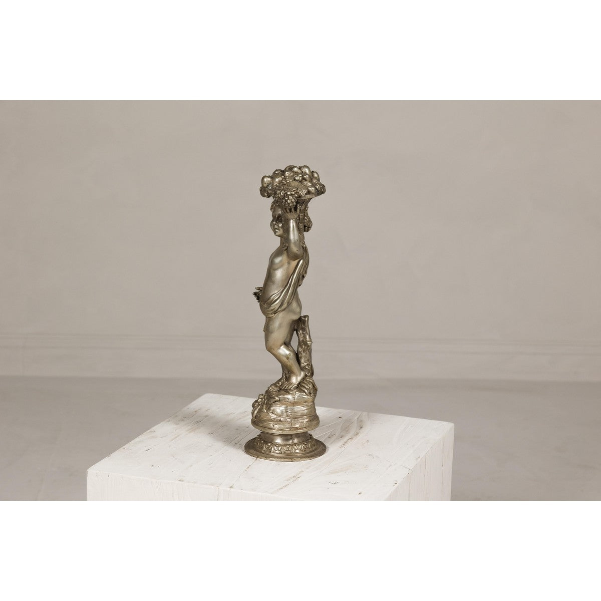 Baroque Style Silvered Bronze Statuette of a Putto Carrying a Fruit Basket-13. Asian & Chinese Furniture, Art, Antiques, Vintage Home Décor for sale at FEA Home