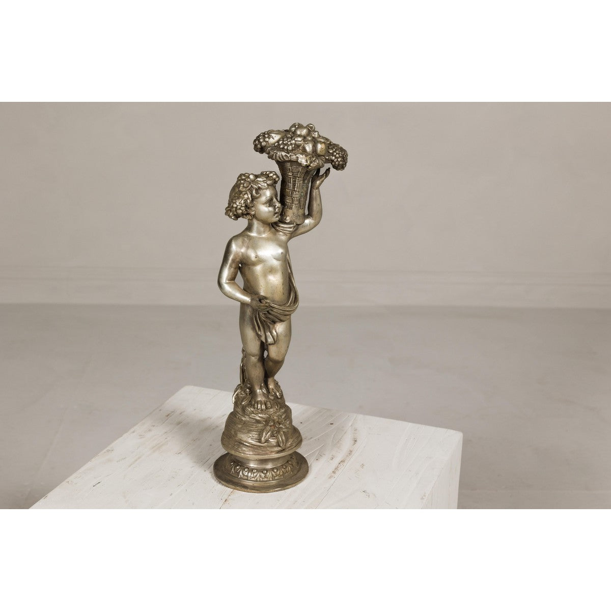 Baroque Style Silvered Bronze Statuette of a Putto Carrying a Fruit Basket-3. Asian & Chinese Furniture, Art, Antiques, Vintage Home Décor for sale at FEA Home