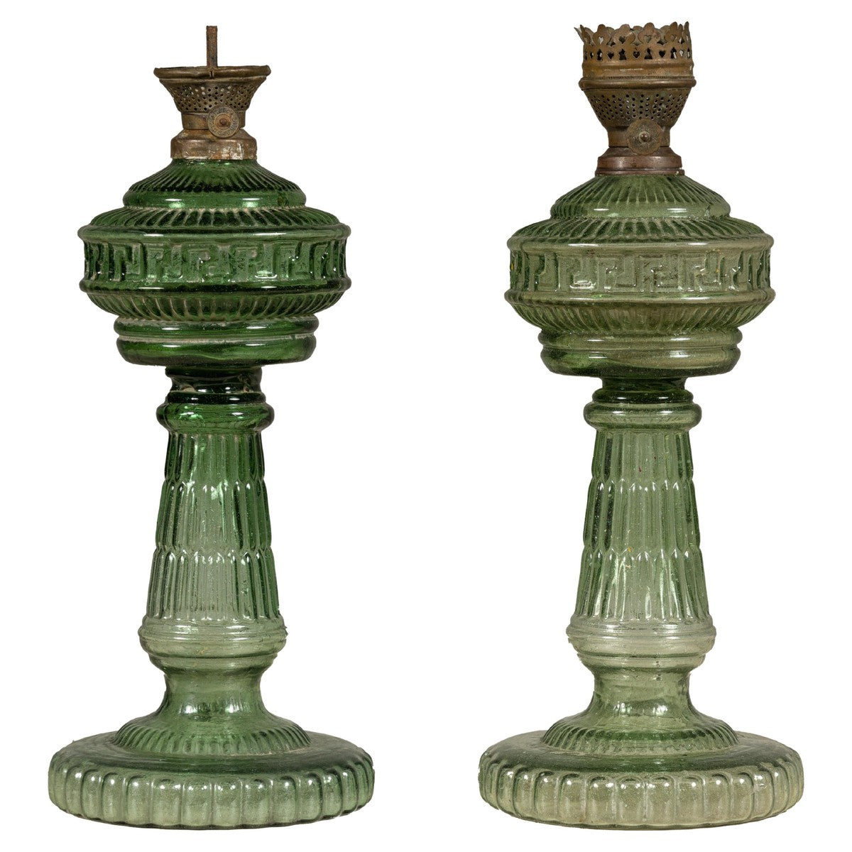 Green Glass Gas Lights with Meander Friezes, a Vintage Pair-1. Asian & Chinese Furniture, Art, Antiques, Vintage Home Décor for sale at FEA Home