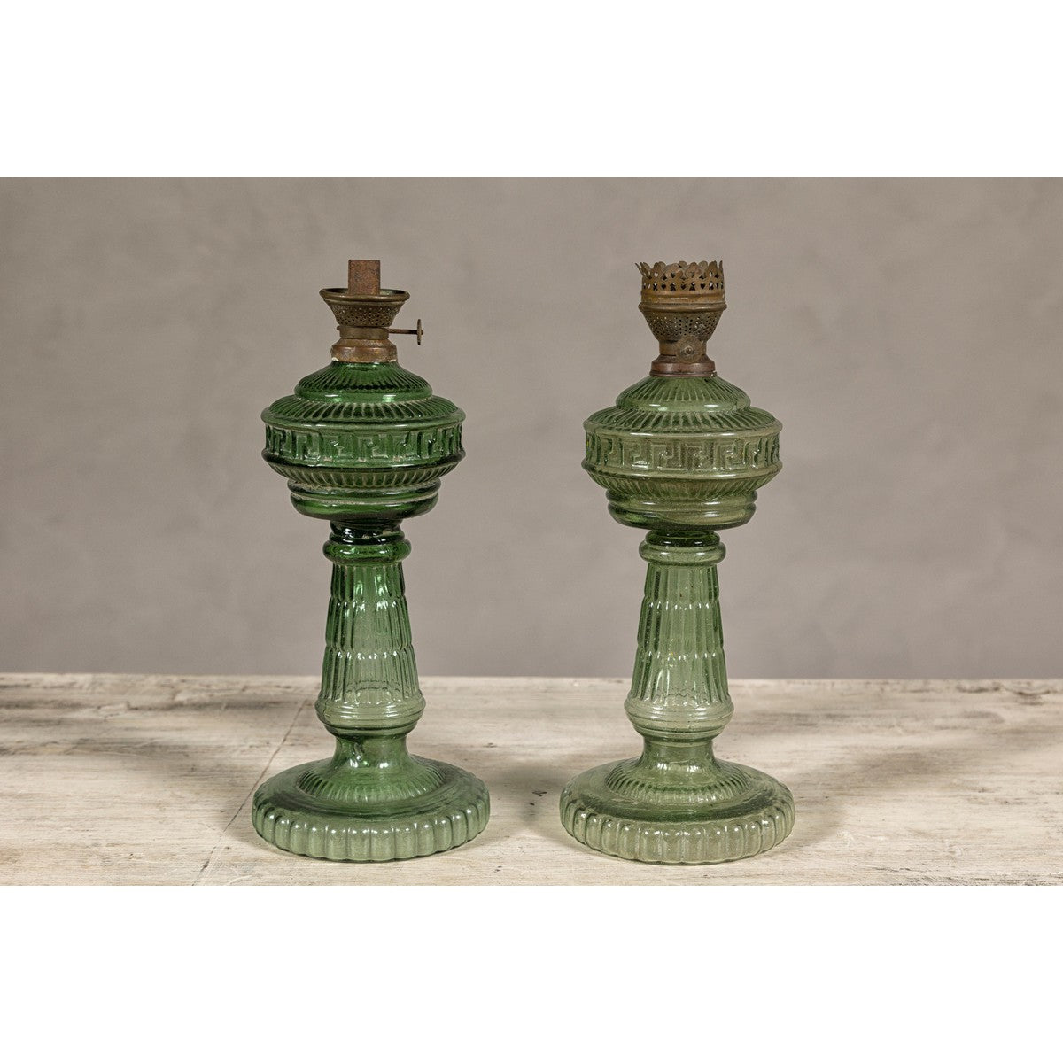 Green Glass Gas Lights with Meander Friezes, a Vintage Pair-11. Asian & Chinese Furniture, Art, Antiques, Vintage Home Décor for sale at FEA Home
