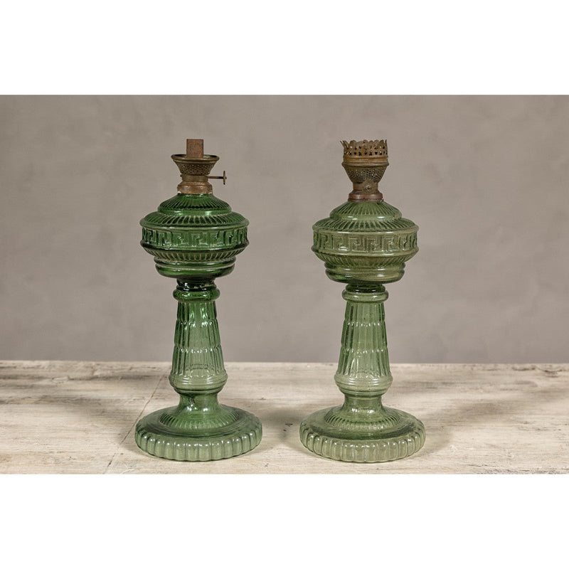 Green Glass Gas Lights with Meander Friezes, a Vintage Pair-YN8066-11. Asian & Chinese Furniture, Art, Antiques, Vintage Home Décor for sale at FEA Home