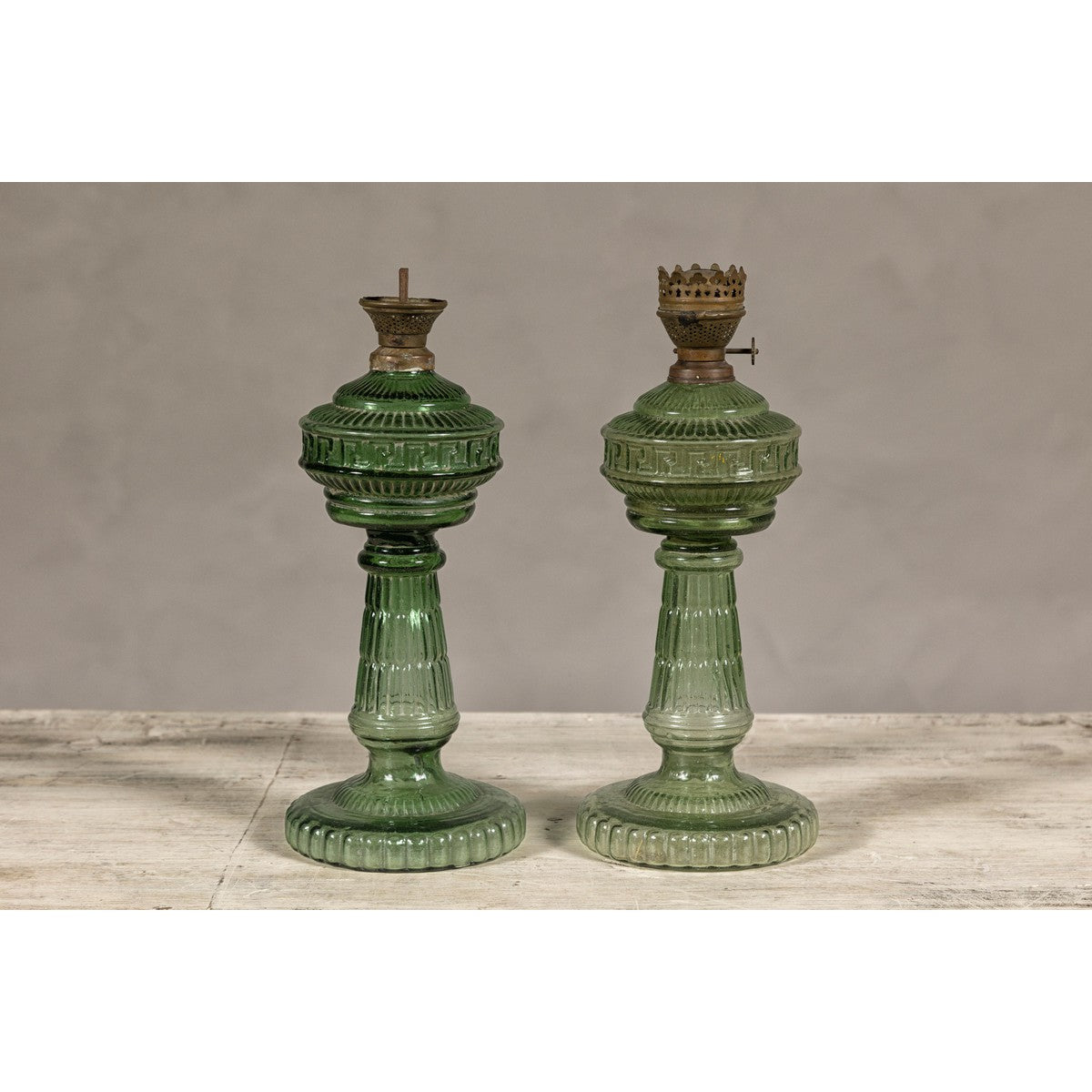 Green Glass Gas Lights with Meander Friezes, a Vintage Pair-12. Asian & Chinese Furniture, Art, Antiques, Vintage Home Décor for sale at FEA Home