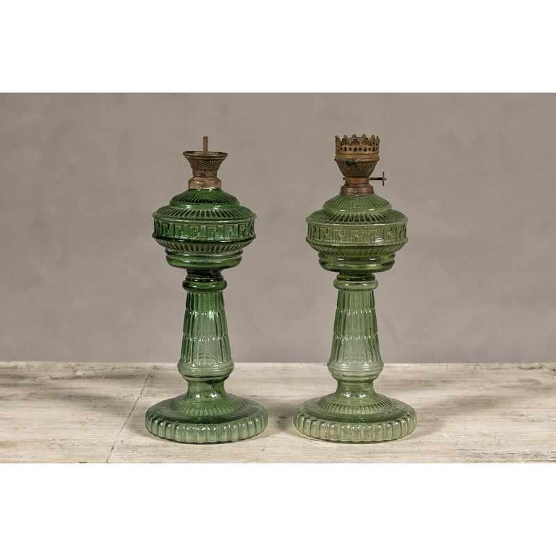 Green Glass Gas Lights with Meander Friezes, a Vintage Pair-YN8066-12. Asian & Chinese Furniture, Art, Antiques, Vintage Home Décor for sale at FEA Home