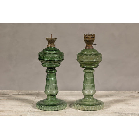 Green Glass Gas Lights with Meander Friezes, a Vintage Pair-YN8066-12. Asian & Chinese Furniture, Art, Antiques, Vintage Home Décor for sale at FEA Home