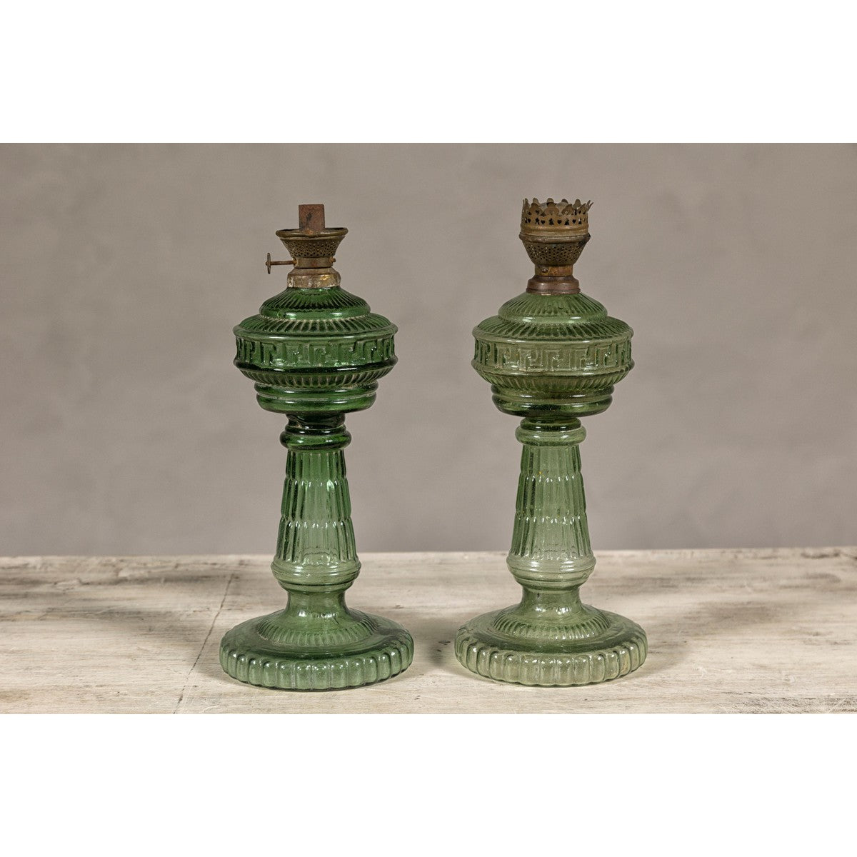 Green Glass Gas Lights with Meander Friezes, a Vintage Pair-13. Asian & Chinese Furniture, Art, Antiques, Vintage Home Décor for sale at FEA Home