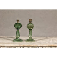 Green Glass Gas Lights with Meander Friezes, a Vintage Pair