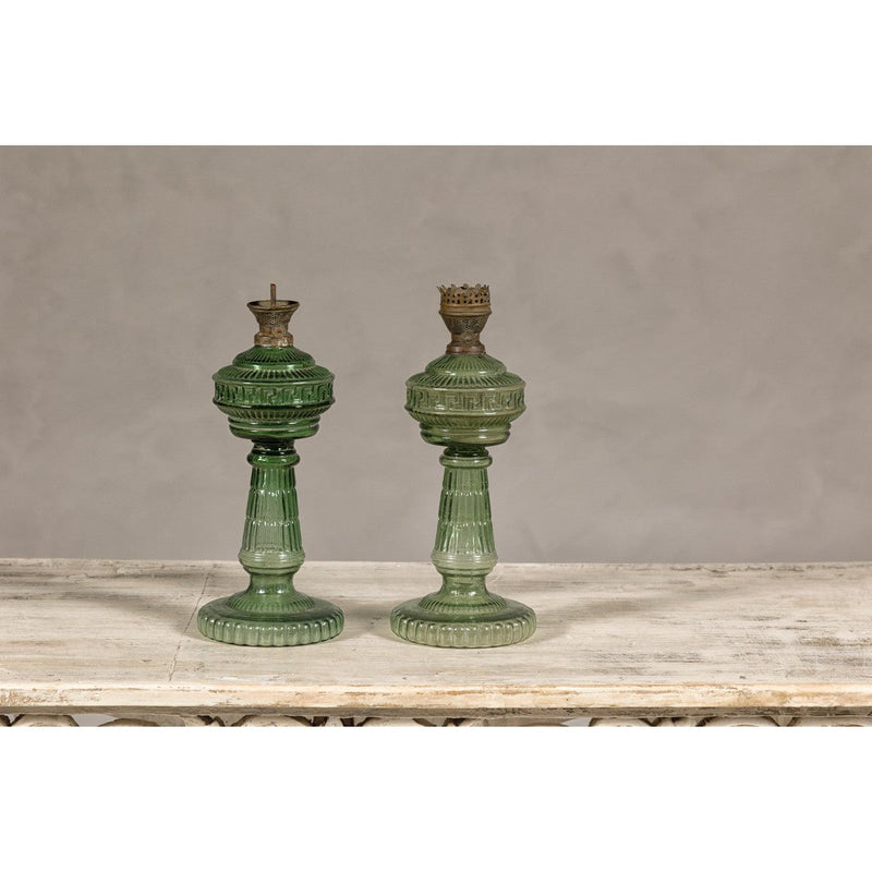 Green Glass Gas Lights with Meander Friezes, a Vintage Pair-YN8066-2. Asian & Chinese Furniture, Art, Antiques, Vintage Home Décor for sale at FEA Home