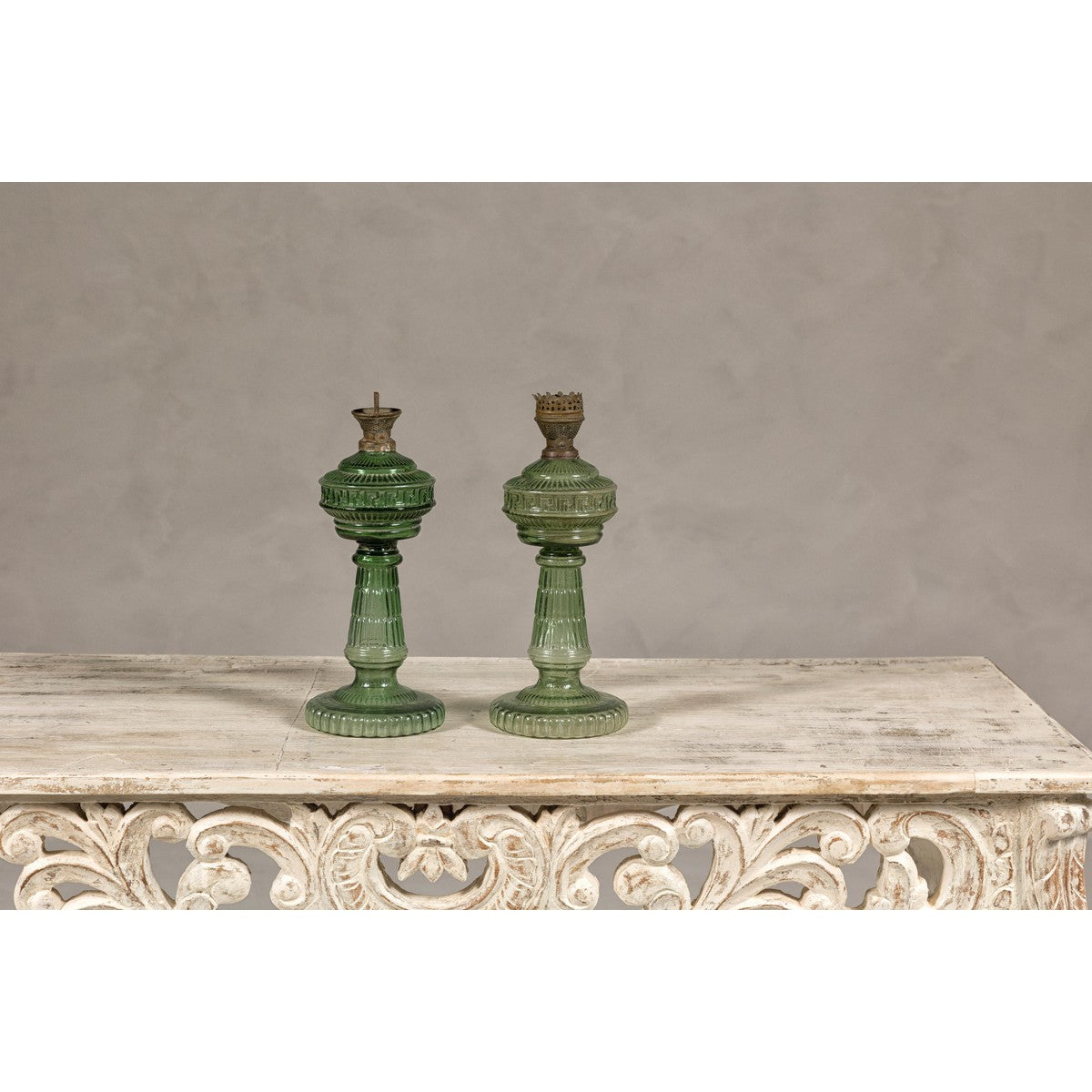 Green Glass Gas Lights with Meander Friezes, a Vintage Pair-3. Asian & Chinese Furniture, Art, Antiques, Vintage Home Décor for sale at FEA Home