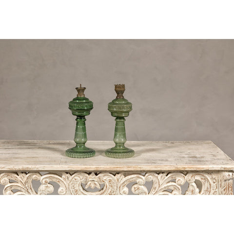 Green Glass Gas Lights with Meander Friezes, a Vintage Pair-YN8066-3. Asian & Chinese Furniture, Art, Antiques, Vintage Home Décor for sale at FEA Home