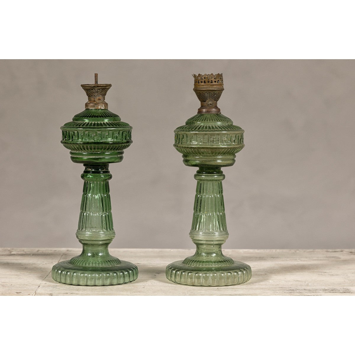 Green Glass Gas Lights with Meander Friezes, a Vintage Pair-4. Asian & Chinese Furniture, Art, Antiques, Vintage Home Décor for sale at FEA Home