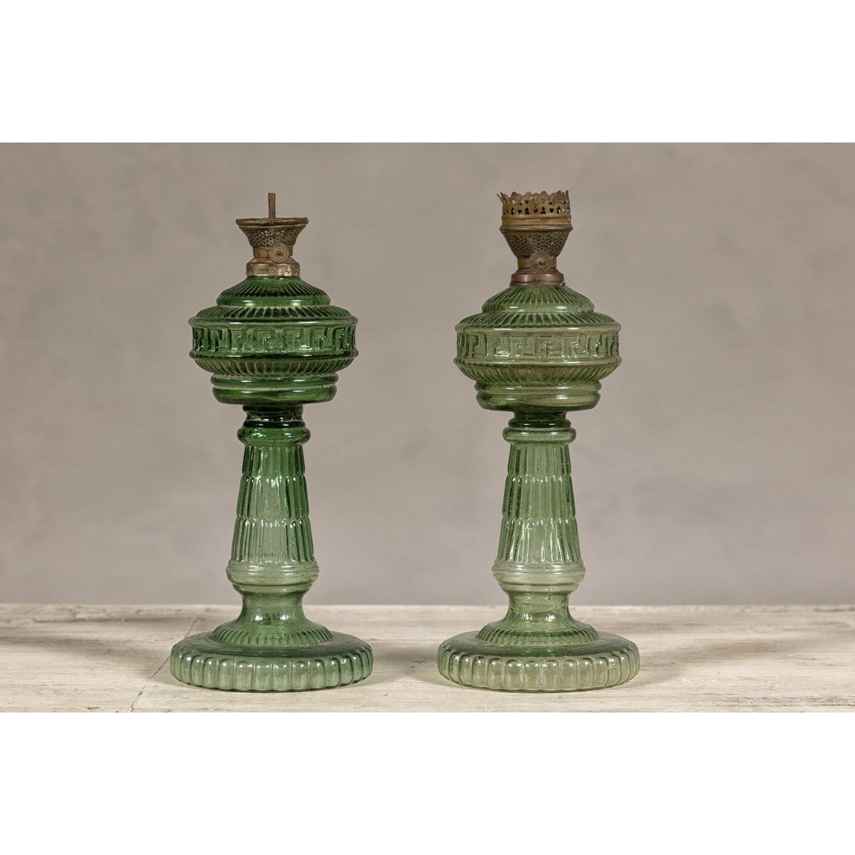 Green Glass Gas Lights with Meander Friezes, a Vintage Pair-5. Asian & Chinese Furniture, Art, Antiques, Vintage Home Décor for sale at FEA Home