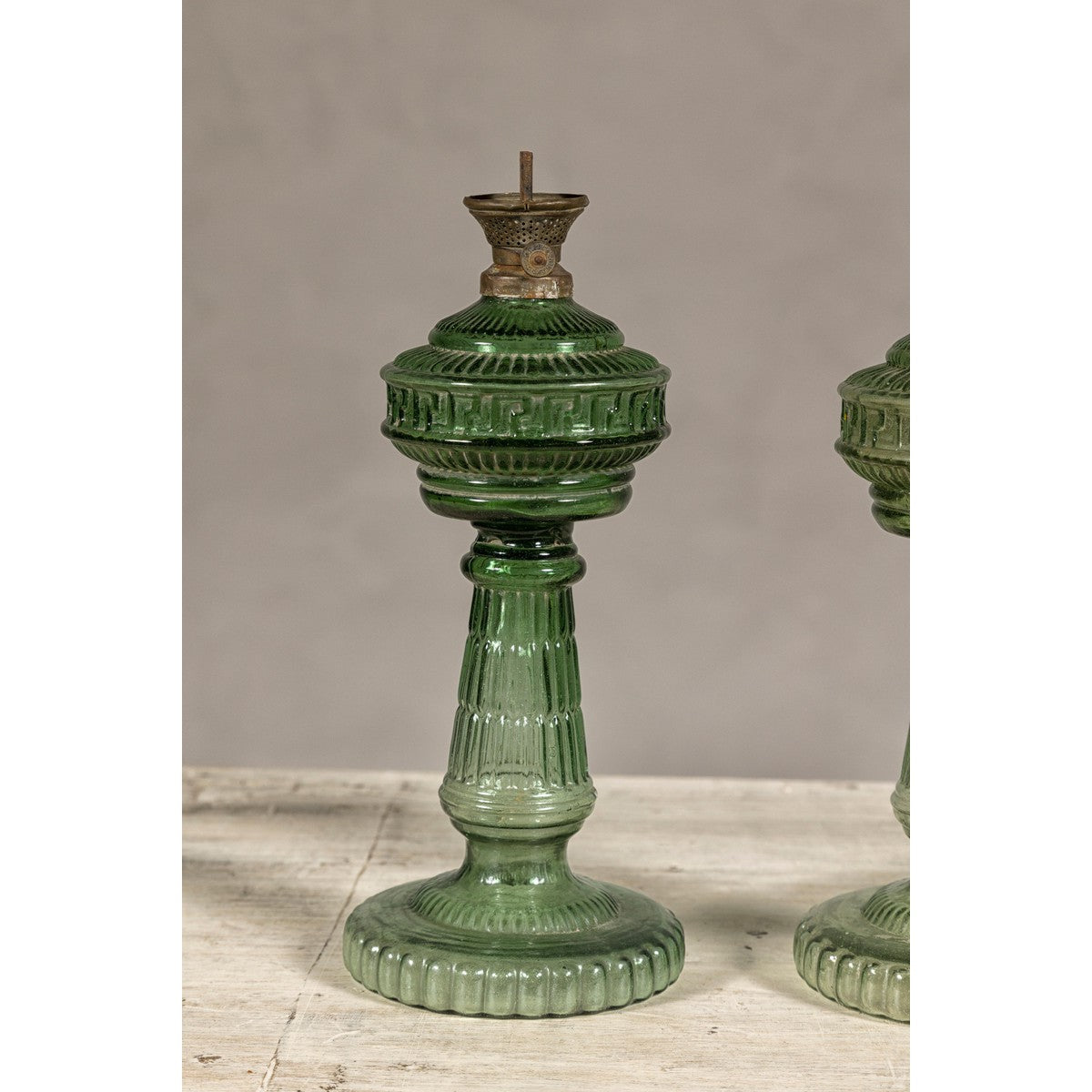 Green Glass Gas Lights with Meander Friezes, a Vintage Pair-6. Asian & Chinese Furniture, Art, Antiques, Vintage Home Décor for sale at FEA Home