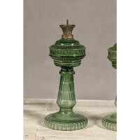 Green Glass Gas Lights with Meander Friezes, a Vintage Pair