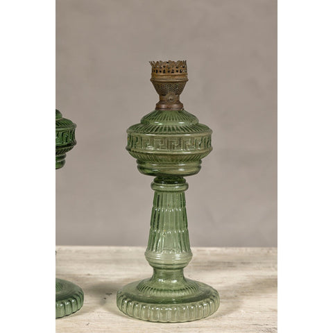 Green Glass Gas Lights with Meander Friezes, a Vintage Pair-YN8066-7. Asian & Chinese Furniture, Art, Antiques, Vintage Home Décor for sale at FEA Home