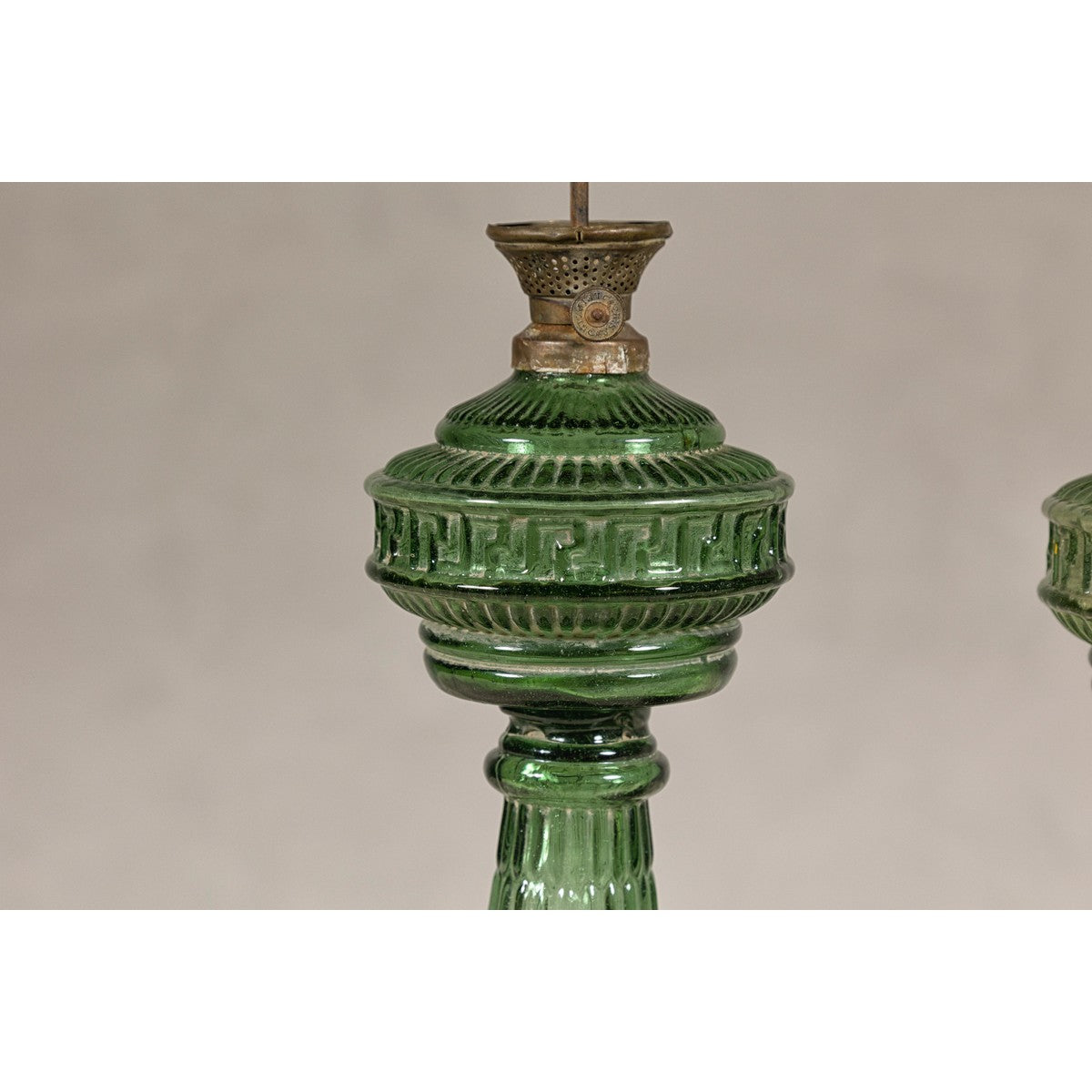 Green Glass Gas Lights with Meander Friezes, a Vintage Pair-8. Asian & Chinese Furniture, Art, Antiques, Vintage Home Décor for sale at FEA Home
