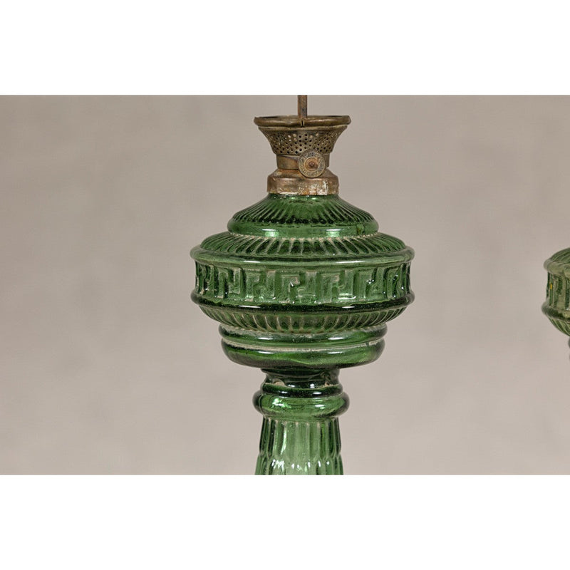 Green Glass Gas Lights with Meander Friezes, a Vintage Pair-YN8066-8. Asian & Chinese Furniture, Art, Antiques, Vintage Home Décor for sale at FEA Home