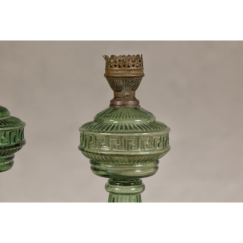 Green Glass Gas Lights with Meander Friezes, a Vintage Pair-YN8066-9. Asian & Chinese Furniture, Art, Antiques, Vintage Home Décor for sale at FEA Home