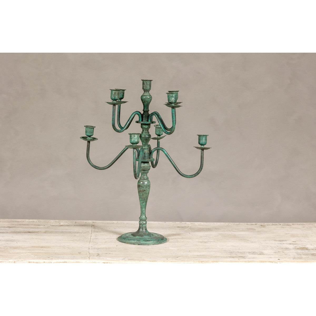 Vintage Two-Tiered Eight Arm Candelabra with Verdigris Patina-10. Asian & Chinese Furniture, Art, Antiques, Vintage Home Décor for sale at FEA Home