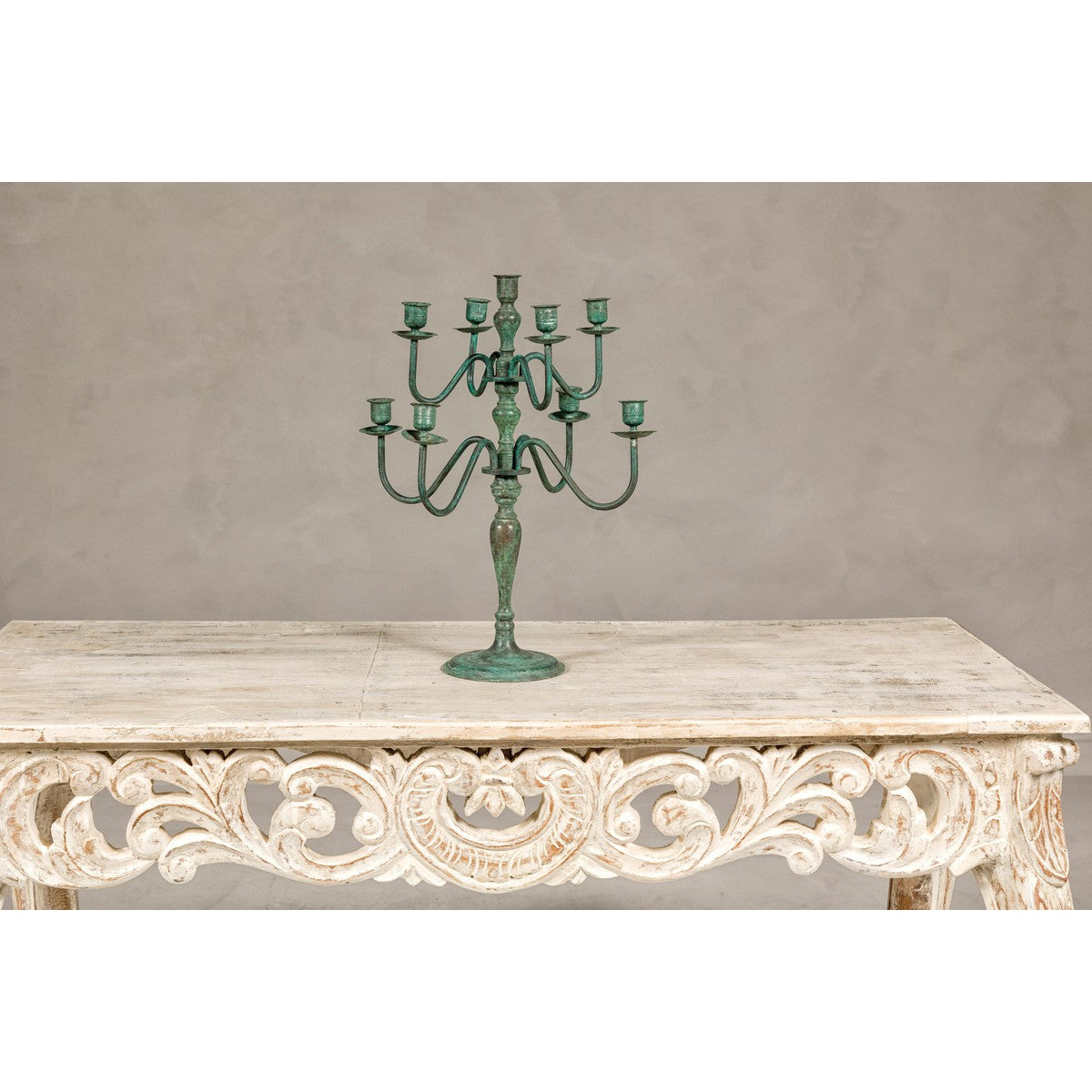Vintage Two-Tiered Eight Arm Candelabra with Verdigris Patina-8. Asian & Chinese Furniture, Art, Antiques, Vintage Home Décor for sale at FEA Home