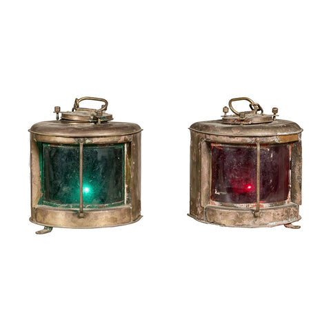 Pair of Nippon Sento Ship Lanterns with Green and Red Glass, Unwired-YN8069-11. Asian & Chinese Furniture, Art, Antiques, Vintage Home Décor for sale at FEA Home