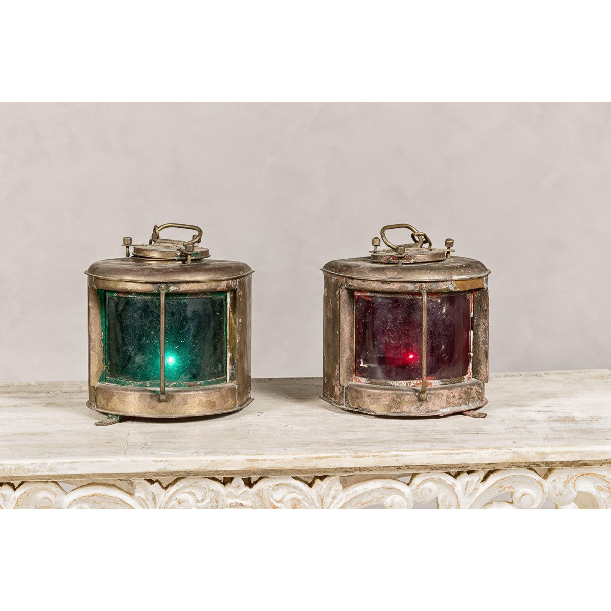 Pair of Nippon Sento Ship Lanterns with Green and Red Glass, Unwired-2. Asian & Chinese Furniture, Art, Antiques, Vintage Home Décor for sale at FEA Home