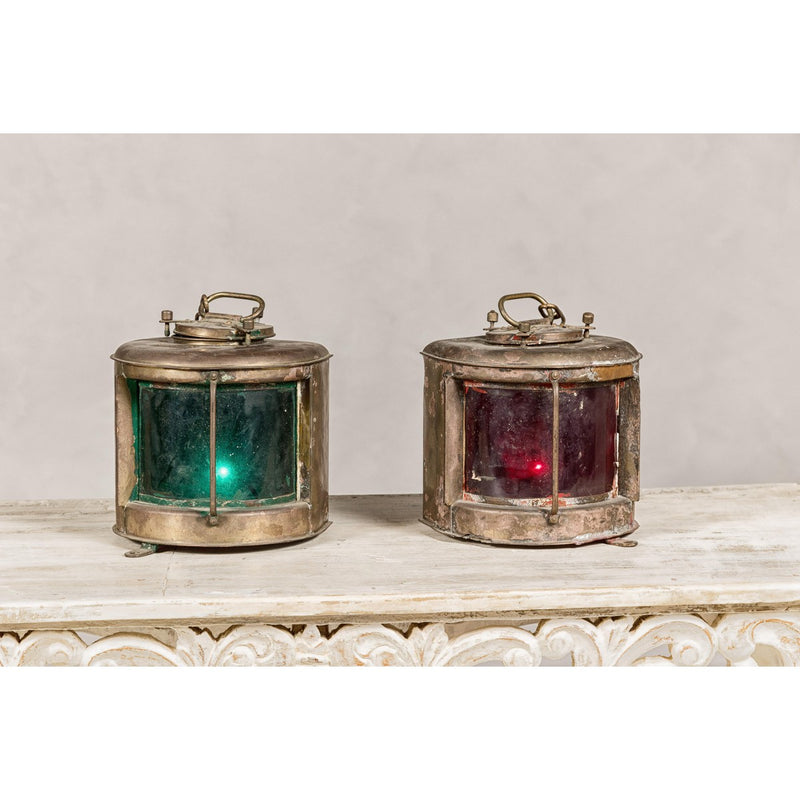Pair of Nippon Sento Ship Lanterns with Green and Red Glass, Unwired-YN8069-2. Asian & Chinese Furniture, Art, Antiques, Vintage Home Décor for sale at FEA Home