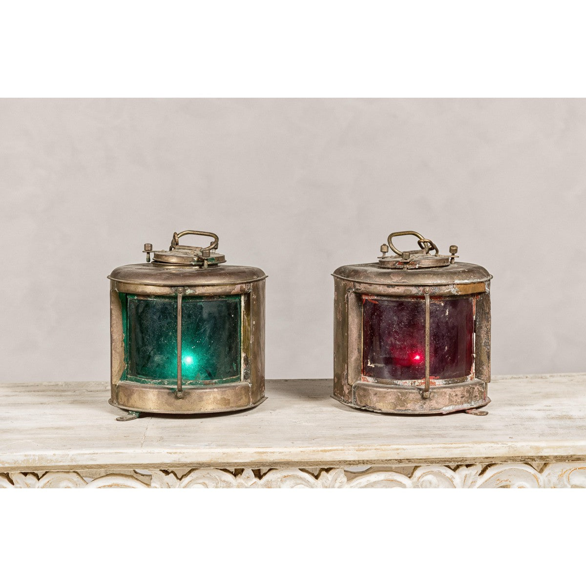 Pair of Nippon Sento Ship Lanterns with Green and Red Glass, Unwired-3. Asian & Chinese Furniture, Art, Antiques, Vintage Home Décor for sale at FEA Home