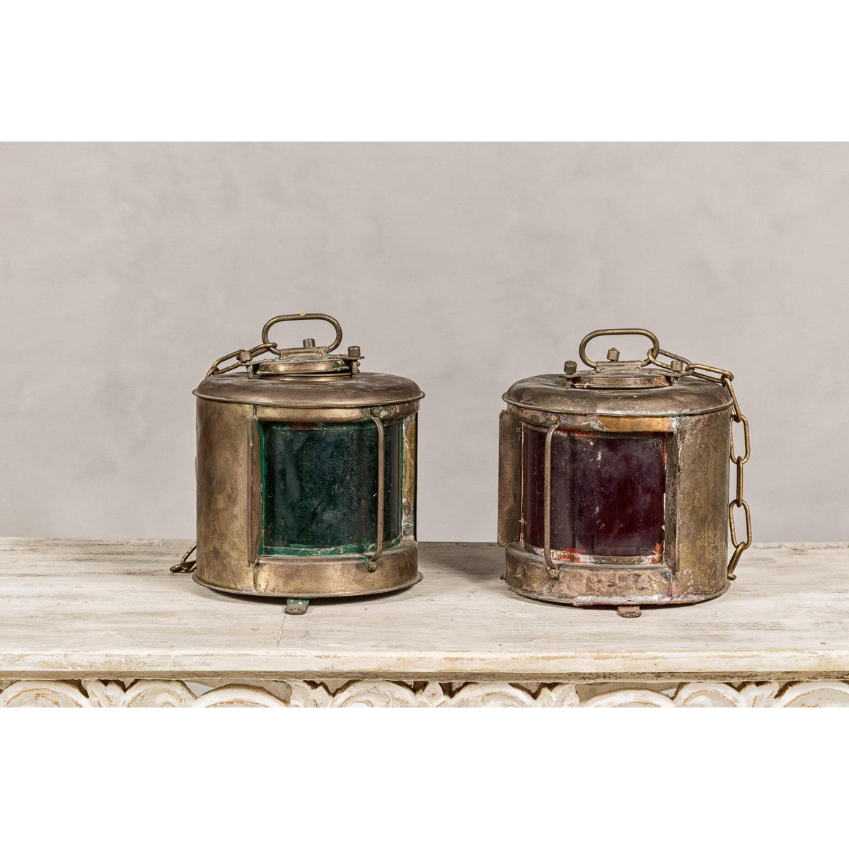 Pair of Nippon Sento Ship Lanterns with Green and Red Glass, Unwired-4. Asian & Chinese Furniture, Art, Antiques, Vintage Home Décor for sale at FEA Home