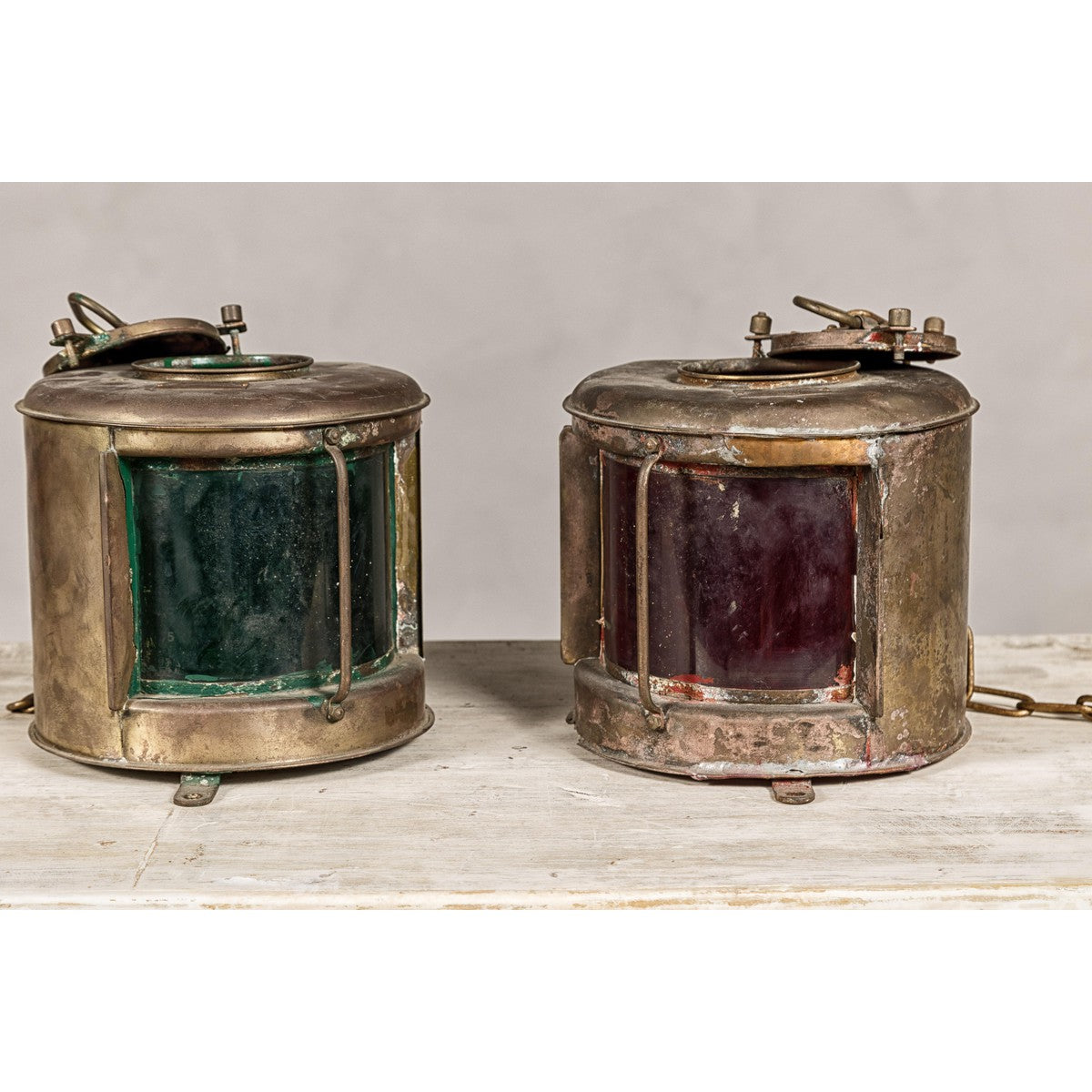 Pair of Nippon Sento Ship Lanterns with Green and Red Glass, Unwired-7. Asian & Chinese Furniture, Art, Antiques, Vintage Home Décor for sale at FEA Home