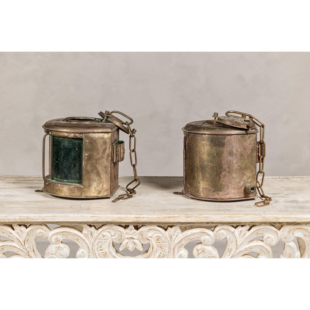 Pair of Nippon Sento Ship Lanterns with Green and Red Glass, Unwired-8. Asian & Chinese Furniture, Art, Antiques, Vintage Home Décor for sale at FEA Home