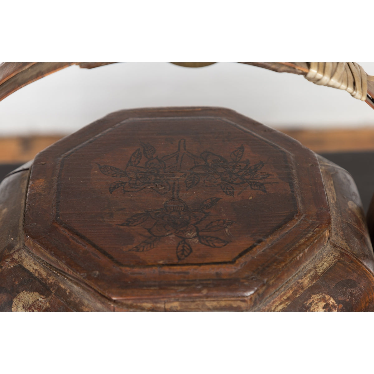 Chinese Antique Lacquered Gift Delivering Basket with Hand Painted Floral Décor-13. Asian & Chinese Furniture, Art, Antiques, Vintage Home Décor for sale at FEA Home