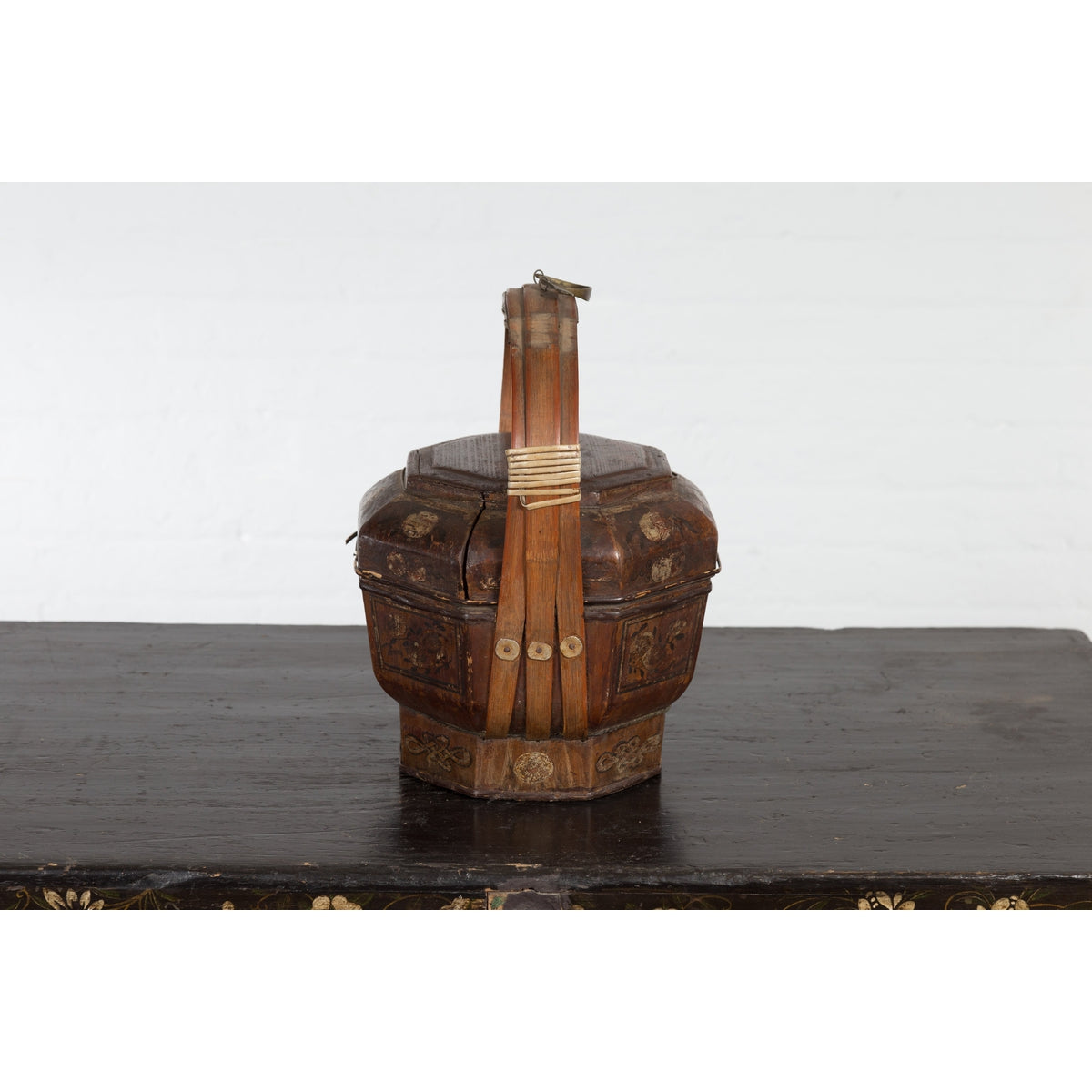 Chinese Antique Lacquered Gift Delivering Basket with Hand Painted Floral Décor-18. Asian & Chinese Furniture, Art, Antiques, Vintage Home Décor for sale at FEA Home