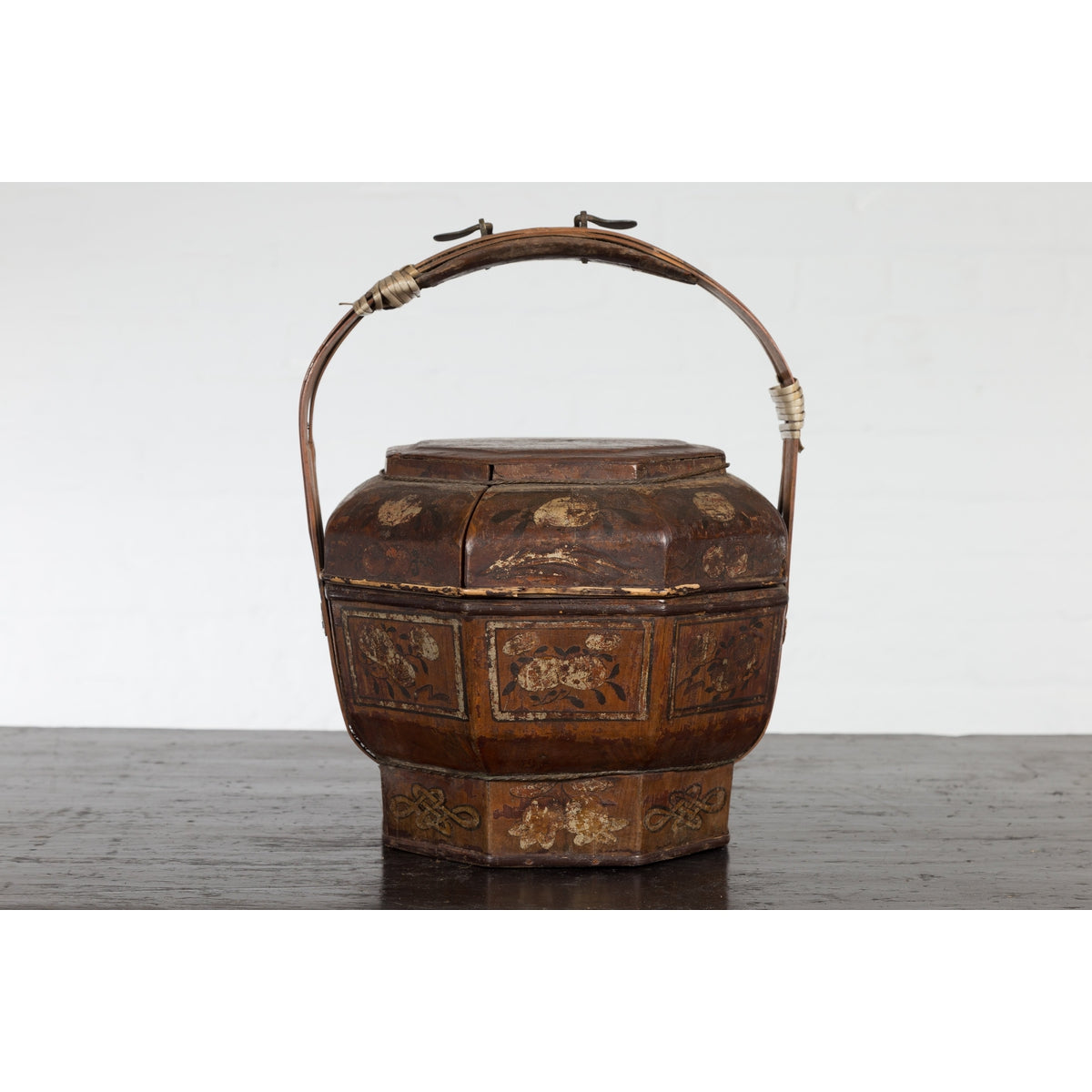 Chinese Antique Lacquered Gift Delivering Basket with Hand Painted Floral Décor-19. Asian & Chinese Furniture, Art, Antiques, Vintage Home Décor for sale at FEA Home