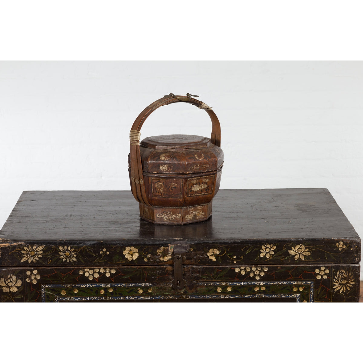 Chinese Antique Lacquered Gift Delivering Basket with Hand Painted Floral Décor-6. Asian & Chinese Furniture, Art, Antiques, Vintage Home Décor for sale at FEA Home