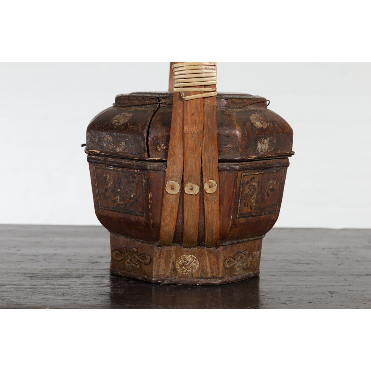 Chinese Antique Lacquered Gift Delivering Basket with Hand Painted Floral Décor-7. Asian & Chinese Furniture, Art, Antiques, Vintage Home Décor for sale at FEA Home