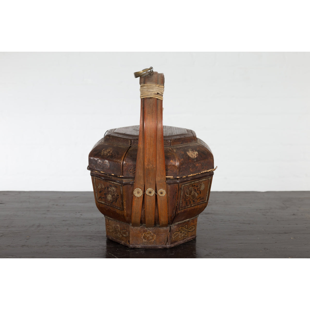 Chinese Antique Lacquered Gift Delivering Basket with Hand Painted Floral Décor-8. Asian & Chinese Furniture, Art, Antiques, Vintage Home Décor for sale at FEA Home