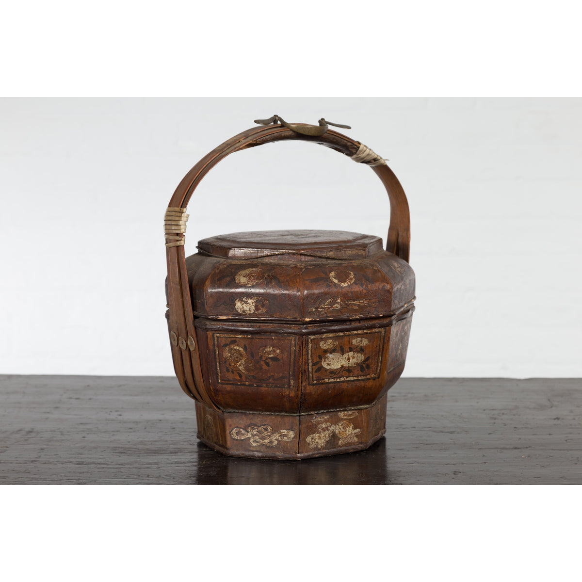 Chinese Antique Lacquered Gift Delivering Basket with Hand Painted Floral Décor-9. Asian & Chinese Furniture, Art, Antiques, Vintage Home Décor for sale at FEA Home