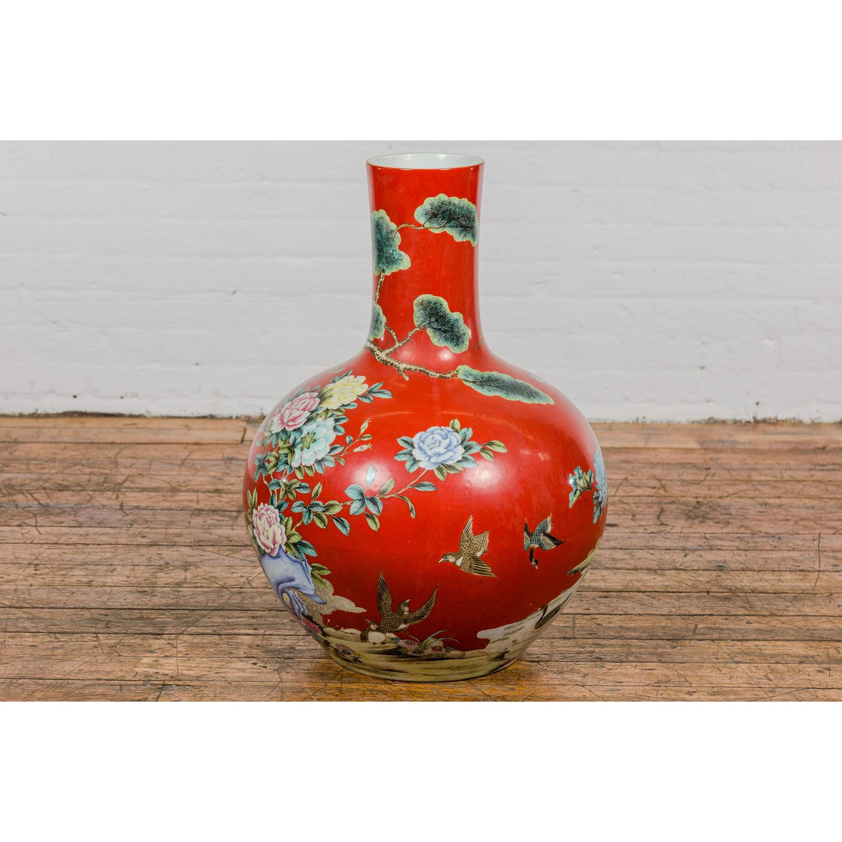 Kendi Style Midcentury Red Porcelain Vase with Hand-Painted Birds and Flowers-10. Asian & Chinese Furniture, Art, Antiques, Vintage Home Décor for sale at FEA Home