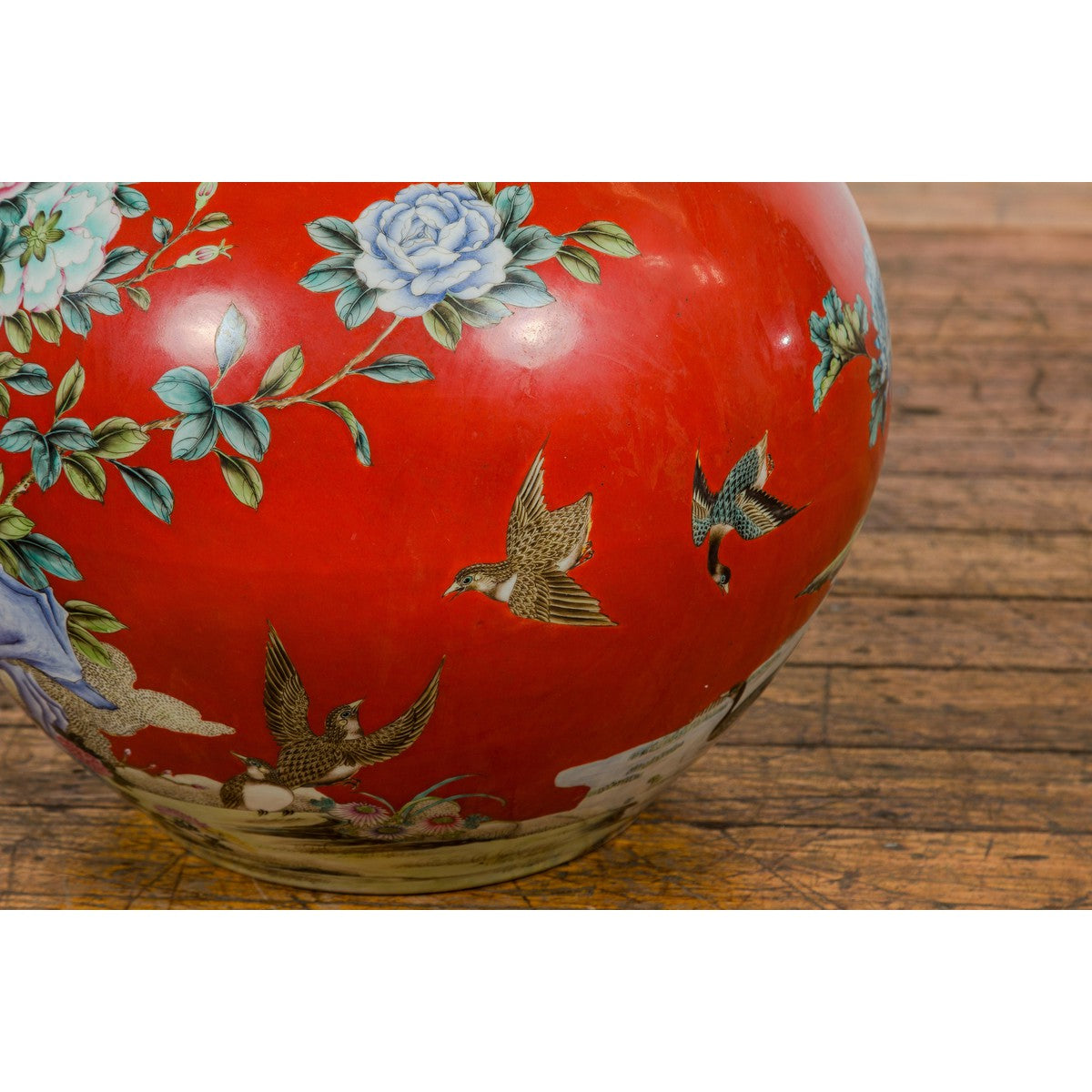 Kendi Style Midcentury Red Porcelain Vase with Hand-Painted Birds and Flowers-11. Asian & Chinese Furniture, Art, Antiques, Vintage Home Décor for sale at FEA Home