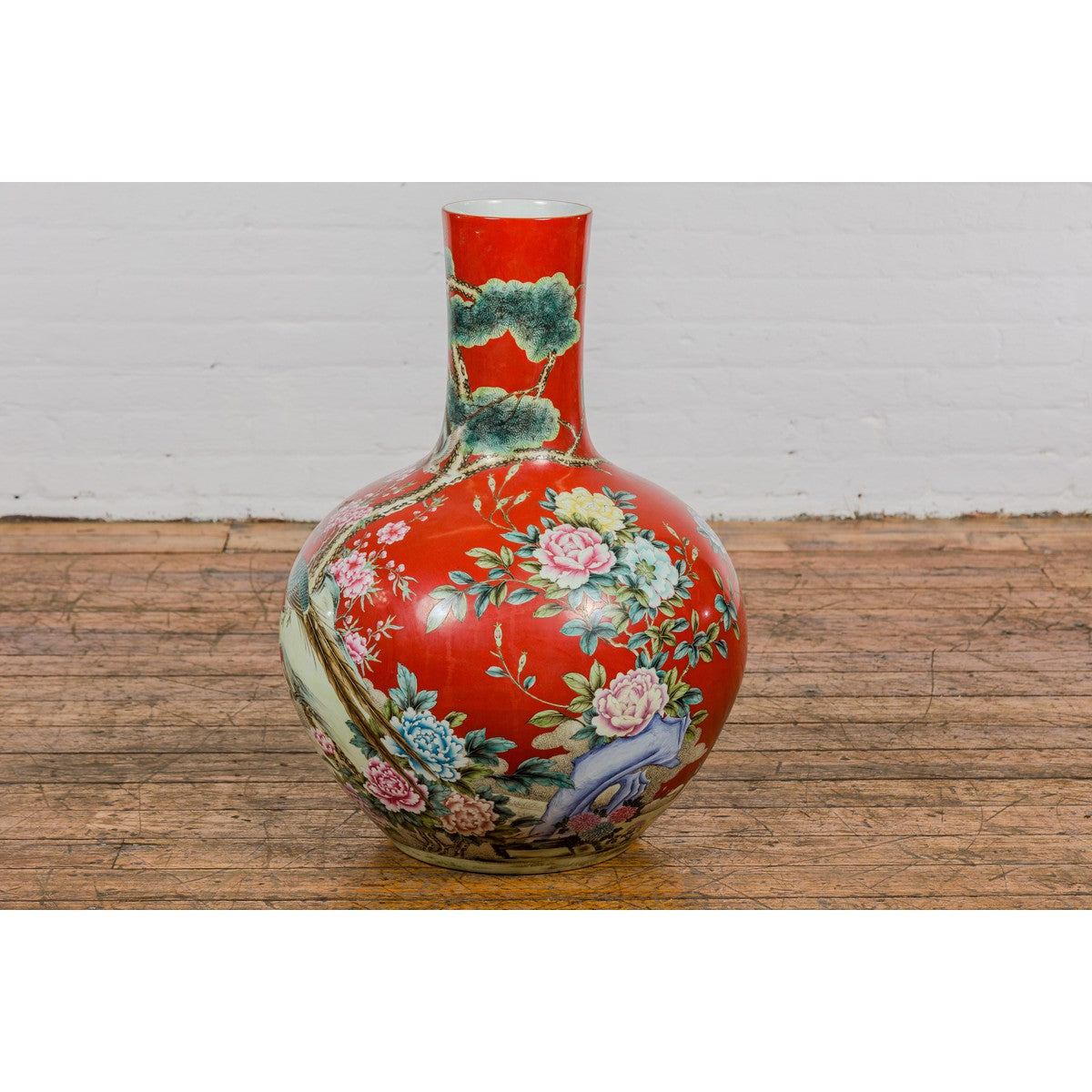 Kendi Style Midcentury Red Porcelain Vase with Hand-Painted Birds and Flowers-12. Asian & Chinese Furniture, Art, Antiques, Vintage Home Décor for sale at FEA Home