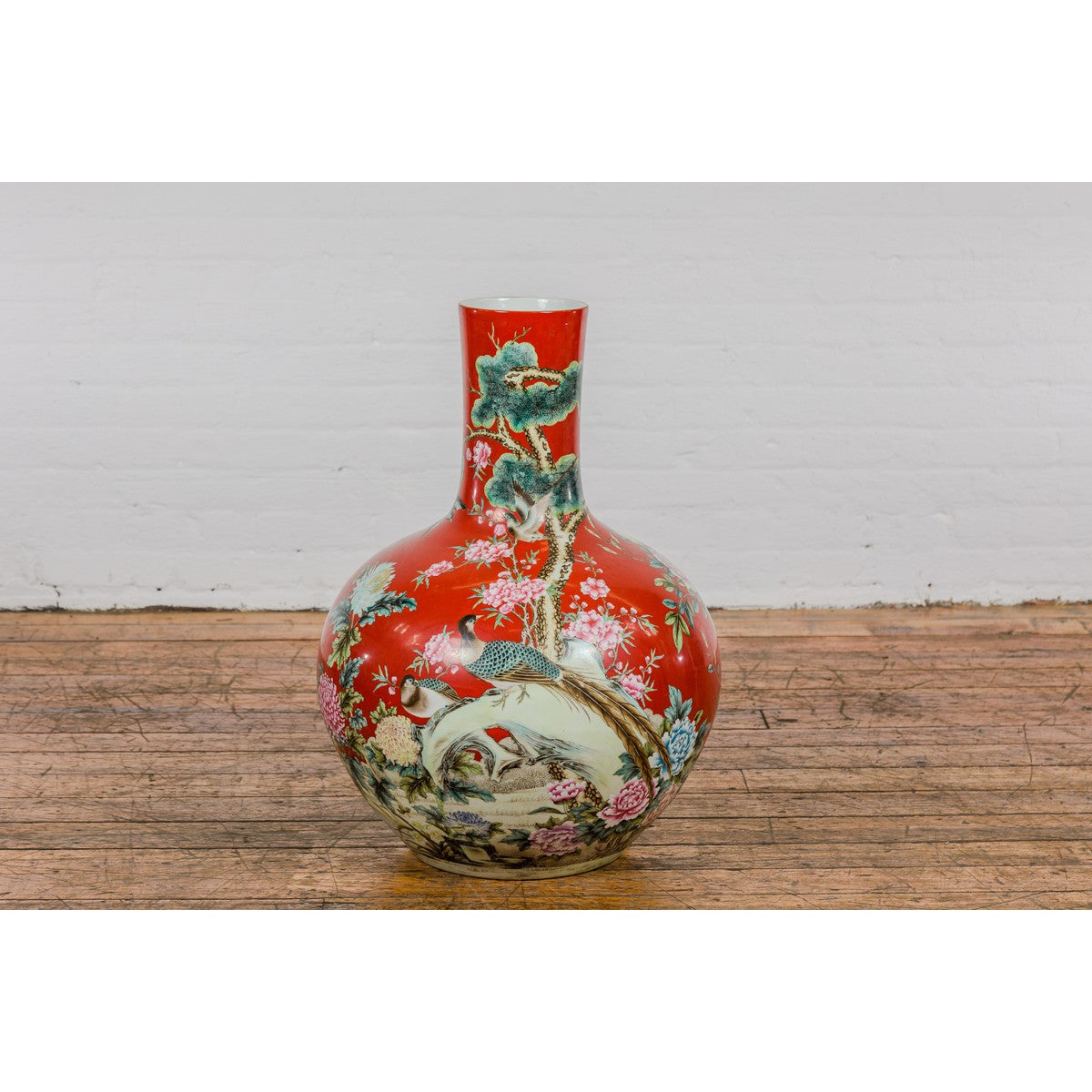 Kendi Style Midcentury Red Porcelain Vase with Hand-Painted Birds and Flowers-2. Asian & Chinese Furniture, Art, Antiques, Vintage Home Décor for sale at FEA Home