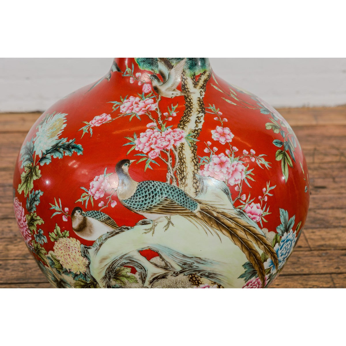 Kendi Style Midcentury Red Porcelain Vase with Hand-Painted Birds and Flowers-7. Asian & Chinese Furniture, Art, Antiques, Vintage Home Décor for sale at FEA Home