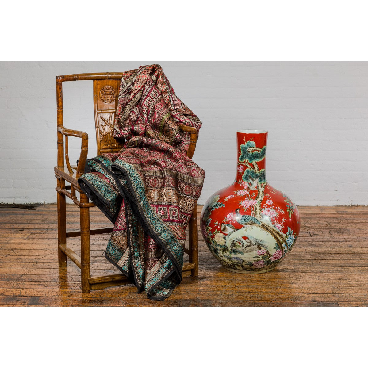 Kendi Style Midcentury Red Porcelain Vase with Hand-Painted Birds and Flowers-8. Asian & Chinese Furniture, Art, Antiques, Vintage Home Décor for sale at FEA Home