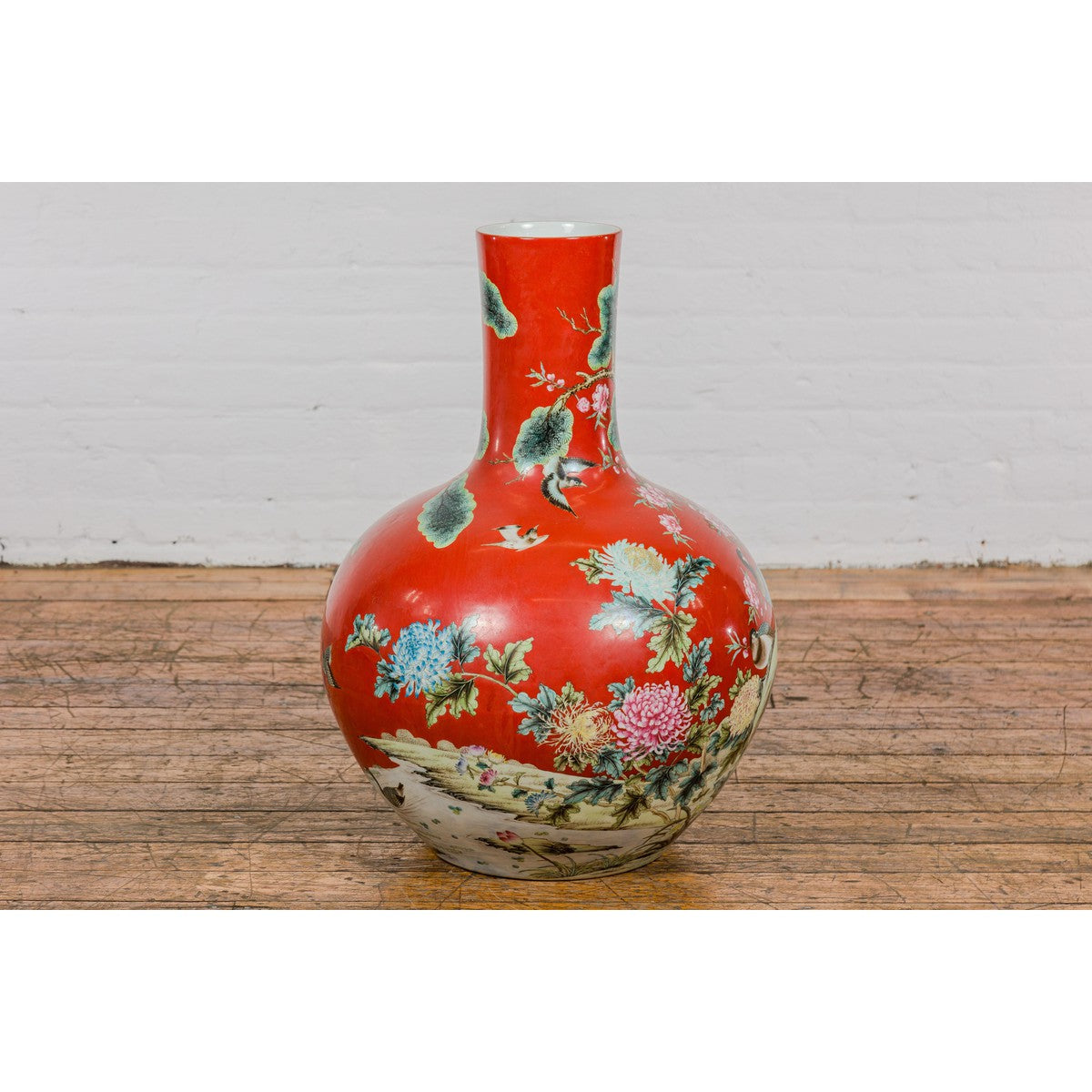 Kendi Style Midcentury Red Porcelain Vase with Hand-Painted Birds and Flowers-9. Asian & Chinese Furniture, Art, Antiques, Vintage Home Décor for sale at FEA Home