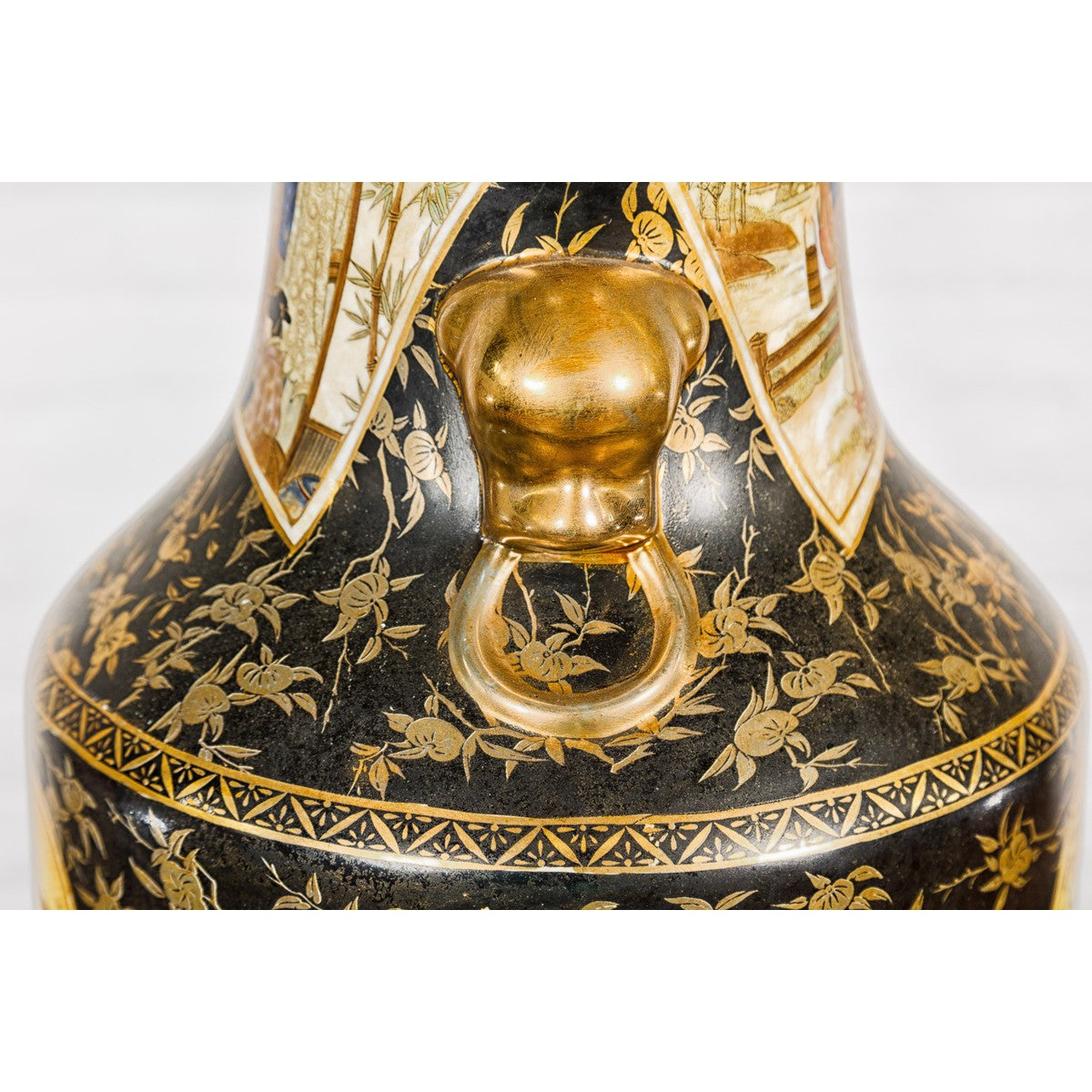 Inspired Black and Gold Vase with Family Scenes and Foo Dog Handles-11. Asian & Chinese Furniture, Art, Antiques, Vintage Home Décor for sale at FEA Home
