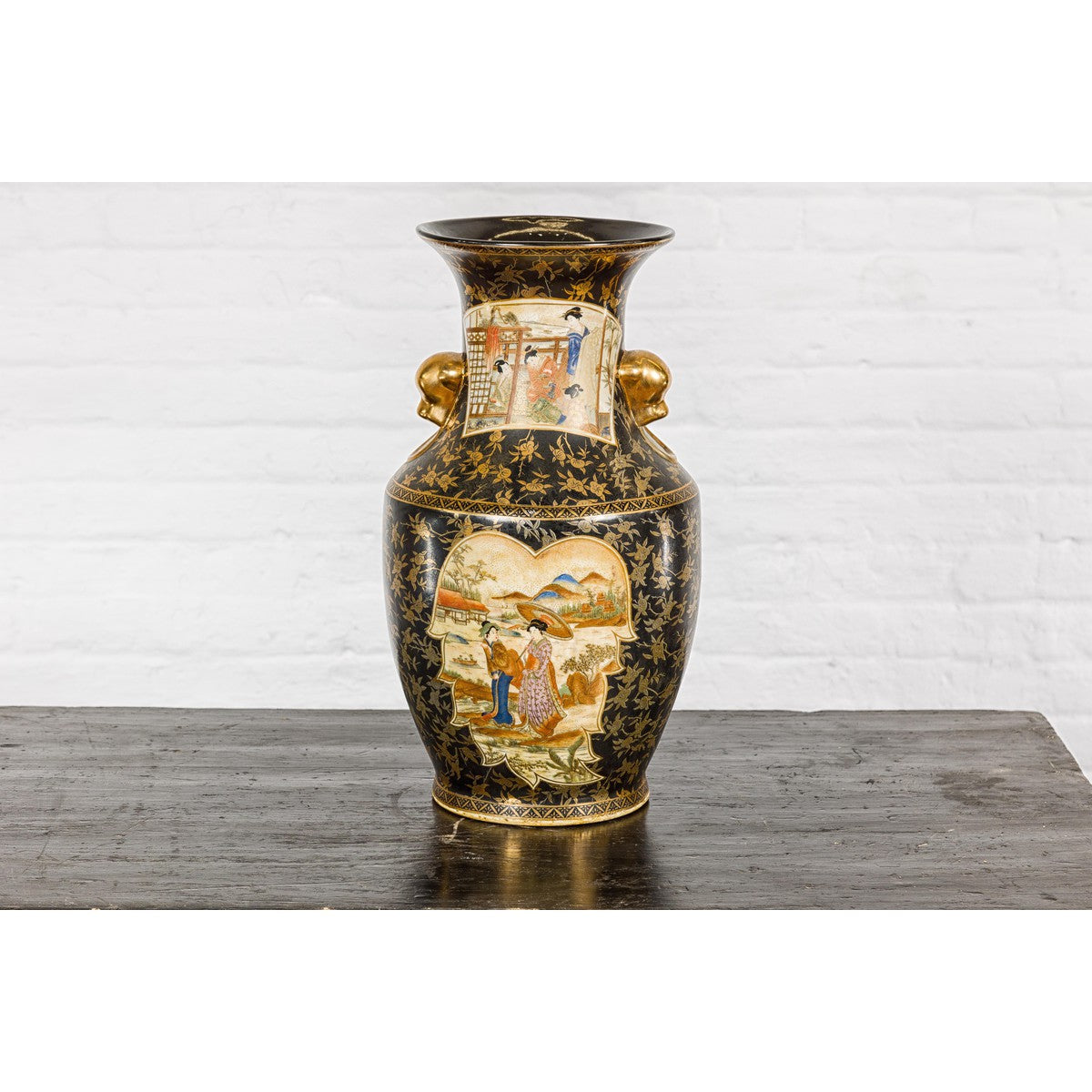 Inspired Black and Gold Vase with Family Scenes and Foo Dog Handles-13. Asian & Chinese Furniture, Art, Antiques, Vintage Home Décor for sale at FEA Home