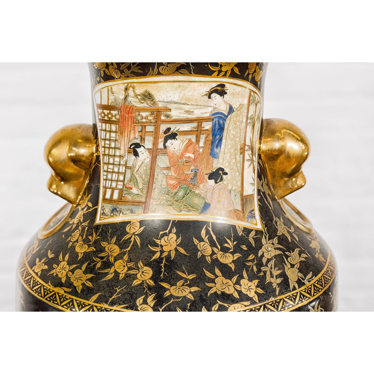 Inspired Black and Gold Vase with Family Scenes and Foo Dog Handles-14. Asian & Chinese Furniture, Art, Antiques, Vintage Home Décor for sale at FEA Home