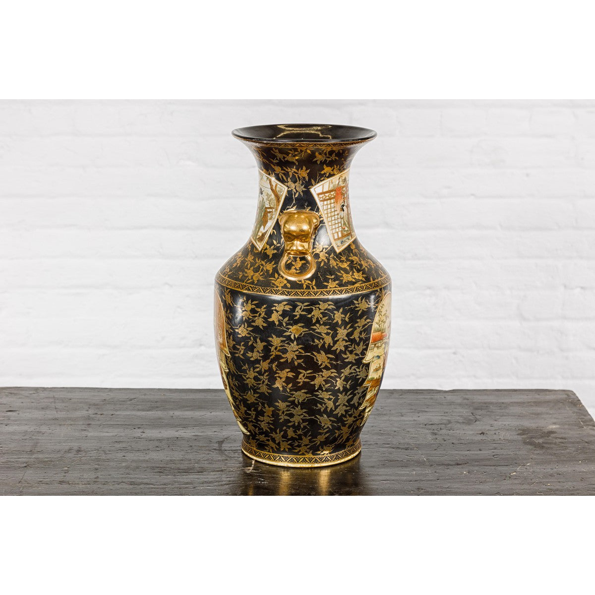 Inspired Black and Gold Vase with Family Scenes and Foo Dog Handles-17. Asian & Chinese Furniture, Art, Antiques, Vintage Home Décor for sale at FEA Home