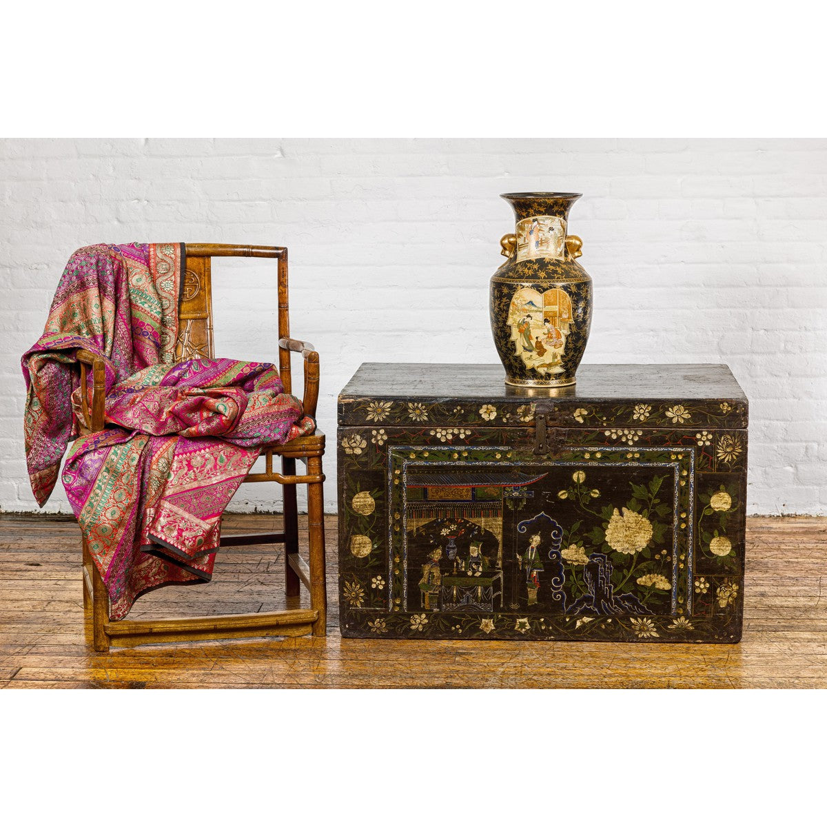 Inspired Black and Gold Vase with Family Scenes and Foo Dog Handles-2. Asian & Chinese Furniture, Art, Antiques, Vintage Home Décor for sale at FEA Home