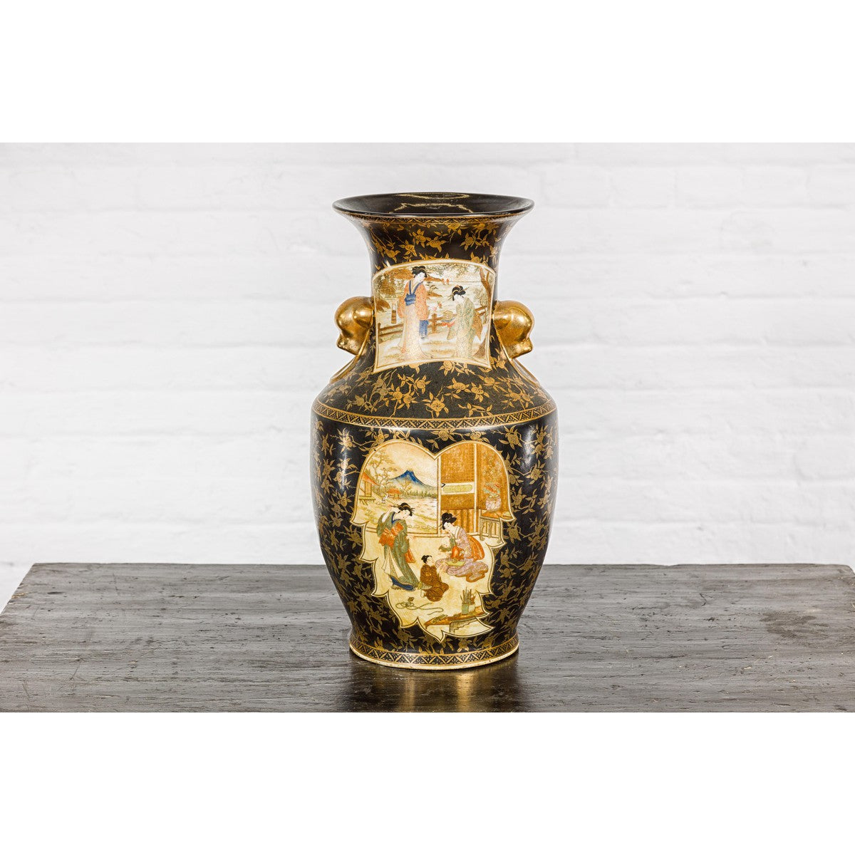 Inspired Black and Gold Vase with Family Scenes and Foo Dog Handles-3. Asian & Chinese Furniture, Art, Antiques, Vintage Home Décor for sale at FEA Home